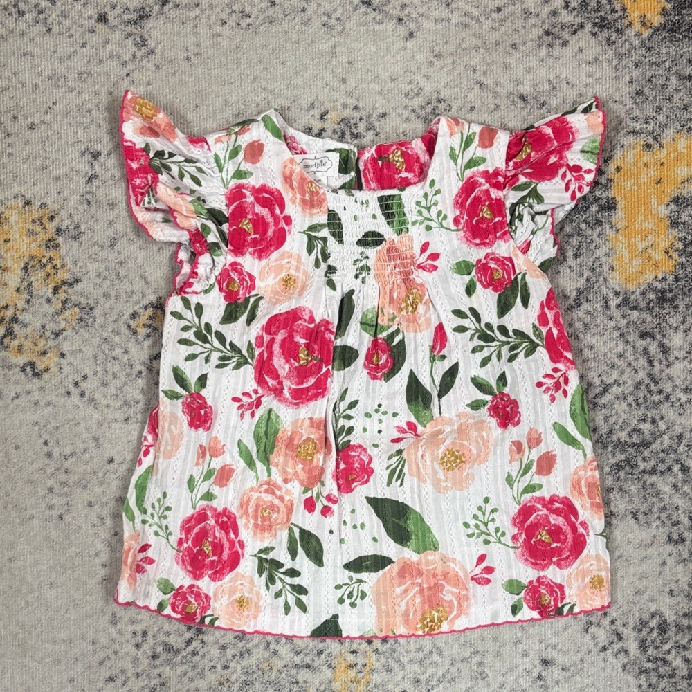 Mud Pie Girls Floral Flutter Top - White with Pink & Peach Blooms